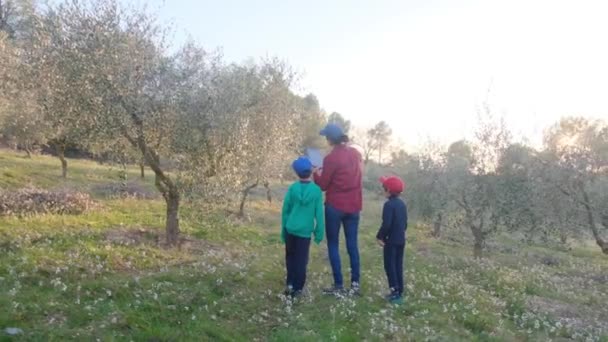 Mãe Filhos Verificando Jardim Frutas Dia Ensolarado Primavera — Vídeo de Stock