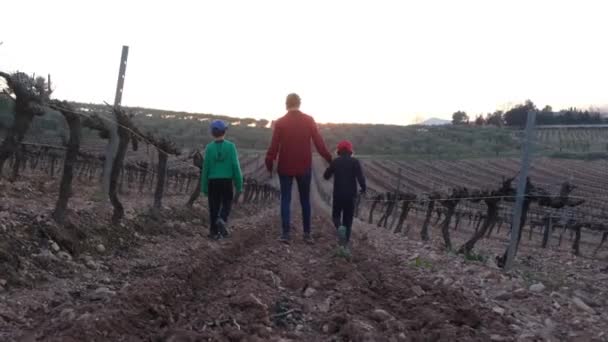 Female Farmer Digital Tablet Her Sons Checking Vineyards Sunny Spring — Stock Video