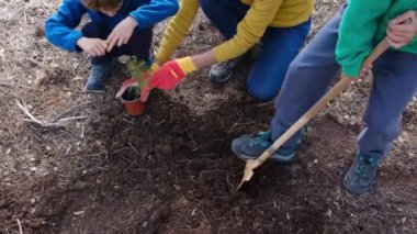 Anne ve çocuklar Mutlu Toprak Günü 'nde açık havada yeni bitkiler dikiyorlar.