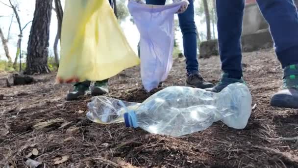 Mutlu Toprak Günü Nde Anne Çocuklar Güneşli Ormanda Çöp Topluyor — Stok video
