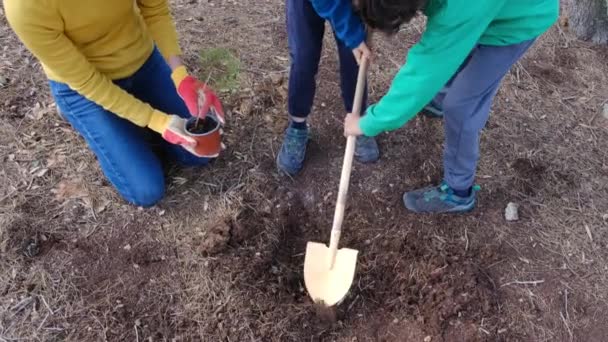 Mor Och Barn Planterar Planta Utomhus Happy Earth Day — Stockvideo