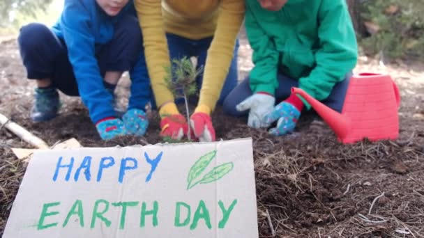 Matka Dzieci Sadzenie Nowych Roślin Ziemi Zewnątrz Podczas Happy Earth — Wideo stockowe