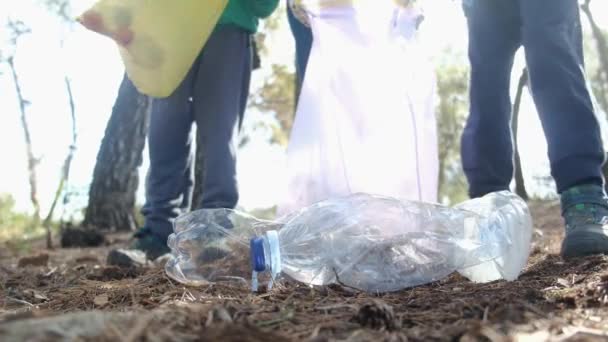 Matka Dzieci Zbierają Śmieci Słonecznym Lesie Podczas Happy Earth Day — Wideo stockowe