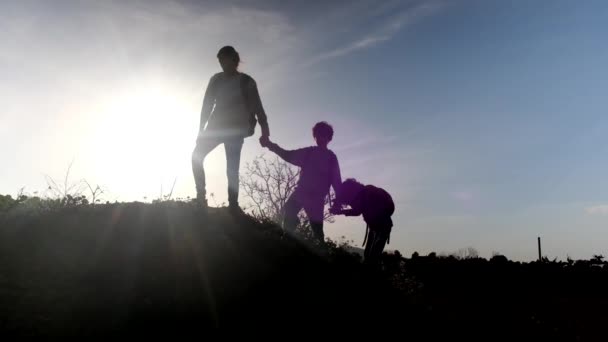Silhouette Von Mutter Und Söhnen Bei Sonnigem Tag Freien — Stockvideo