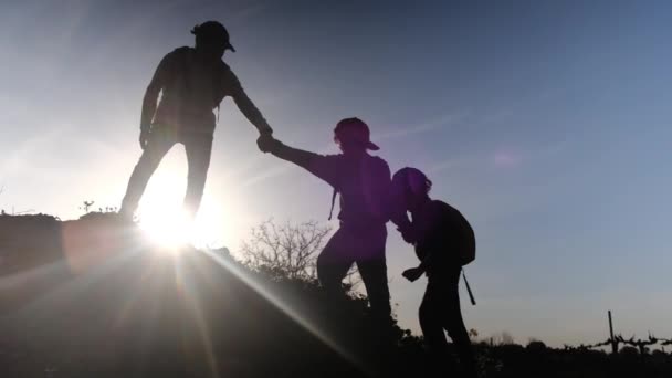 Güneşli Bir Günde Anne Oğulların Silueti Birlikte Dışarıda Vakit Geçiriyorlar — Stok video