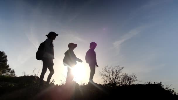 Güneşli Bir Günde Anne Oğulların Silueti Birlikte Dışarıda Vakit Geçiriyorlar — Stok video