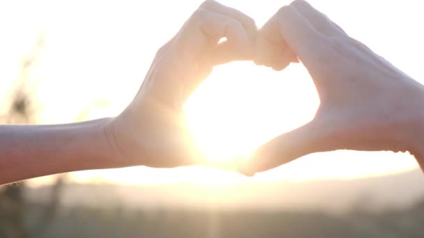 Bulanık Tarımsal Ortamda Kadın Ellerinde Kalp Şeklinde Parlayan Güneş — Stok video
