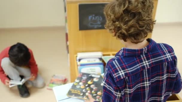 Malí Chlapci Vybírají Knihy Knihovně — Stock video