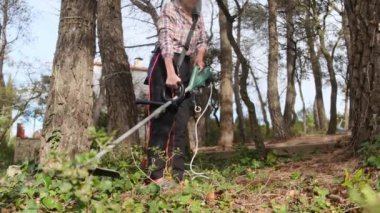 Kadın bahçıvan parkta ya da ormanda çim biçme makinesiyle bitki kesiyor. 