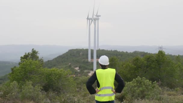 Achteraanzicht Van Vrouwelijke Elektricien Uniform Helm Kijkend Naar Windturbines Bergen — Stockvideo