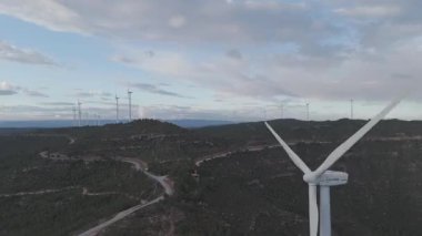 Yenilenebilir enerji kavramı. Günbatımında rüzgar gülleri