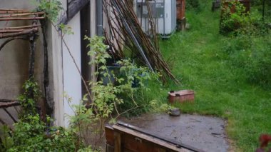  Yağmurlu havalarda arka planda bahçe ve ev. Yavaş çekim videosu 