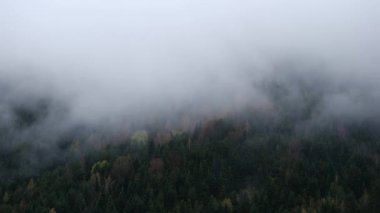 Görkemli, puslu dağlar, insansız hava aracı görüntüleri. 
