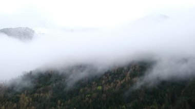 Görkemli, puslu dağlar, insansız hava aracı görüntüleri. 