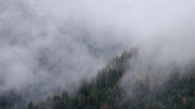 Bulutlu havada sisli dağların insansız hava aracı videosu.