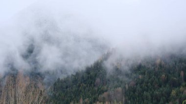 Bulutlu havada sisli dağların insansız hava aracı videosu.