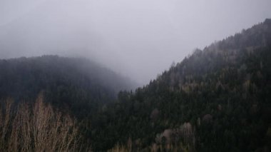 Puslu dağlar, bulutlu ve soğuk havada drone videosu..