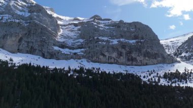 Manzaralı İHA videosu. Görkemli dağlar ağaçlarla kaplı. 