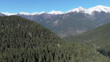 Manzaralı İHA videosu. Görkemli dağlar ağaçlarla kaplı. 
