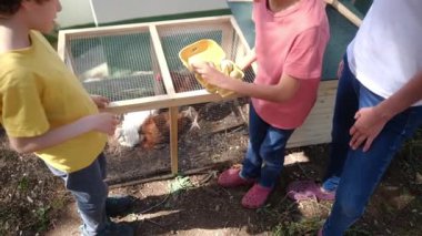 Köy hayatı. İki çocuk ve anne kafesin yakınından tavuk yumurtası alıyor. 