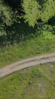 Manzara yolu, görkemli dağlar ve yemyeşil tepeler. Hava aracı videosu  