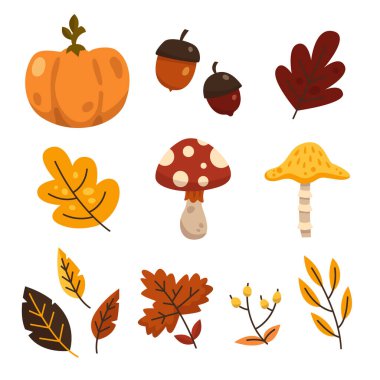 Sonbahar için düz elementler, yapraklar, mantarlar ve meşe palamudu illüstrasyonu.