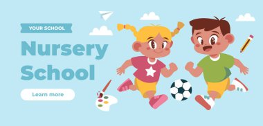 El çizimi anaokulu yatay afişi Vektör illüstrasyonu.