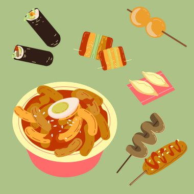 El çizimi Kore sokak yemekleri Vektör illüstrasyonunu ayarladı.