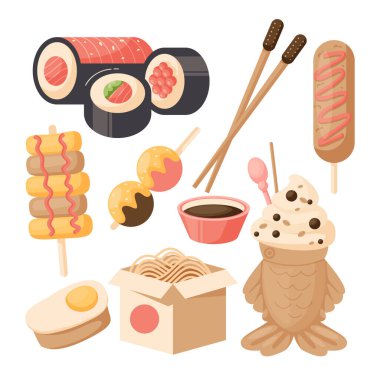 El çizimi Kore sokak yemekleri Vektör illüstrasyonunu ayarladı.