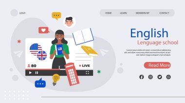El çizimi İngilizce okul iniş sayfası tasarımı Vektör illüstrasyonu