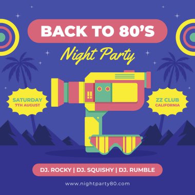 80 'lerin düz temalı parti gönderileri Vektör illüstrasyonunu ayarladı