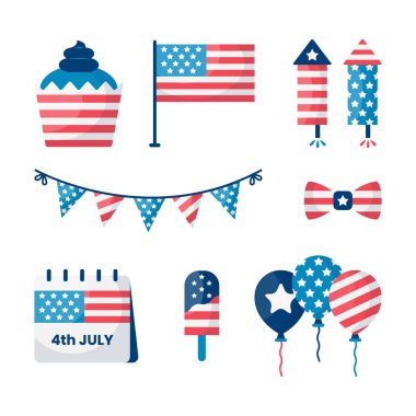 Düz 4 Temmuz elementleri Vektör illüstrasyonunu ayarladı