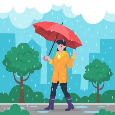 Düz Muson sezonu illüstrasyonunda şemsiyeli kadın yağmuru illüstrasyonu