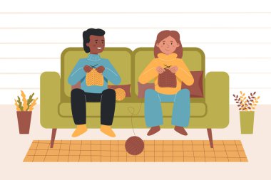 Oturma odası vektör illüstrasyonunu birbirine ören insanlar.