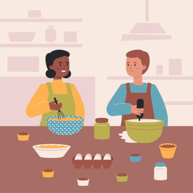 İnsanlar birlikte mutfak vektörü illüstrasyonu yapıyor.