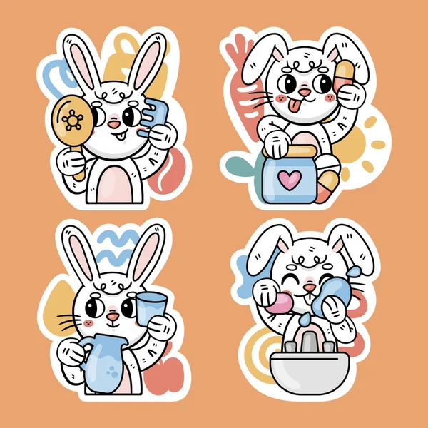 stock vector Ronnie Bunny Self Care Stickers Set Vector Illustration