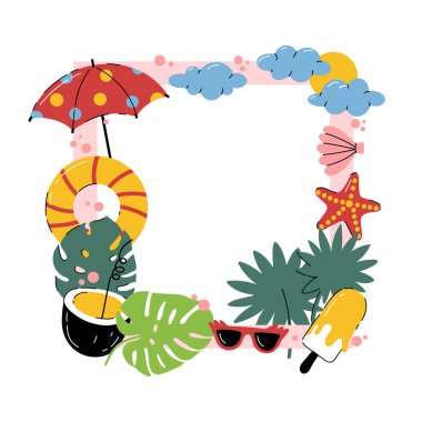 Düz Çerçeve Şablonu Yaz Mevsimi Vektör İllüstrasyonu