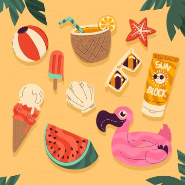 Düz Elementler Yaz Mevsimi Vektör İllüstrasyonunu Ayarladı