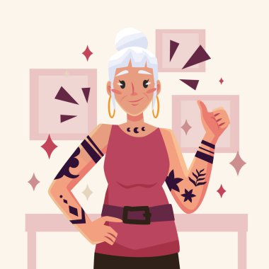 İllüstrasyon Yaşlı Kişi Vektör İllüstrasyonu Dövmeli