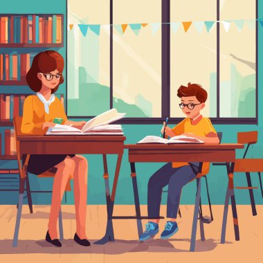 Beyaz arkaplan vektör illüstrasyonunda çalışan kadın öğretmen ve çocuk düz stil