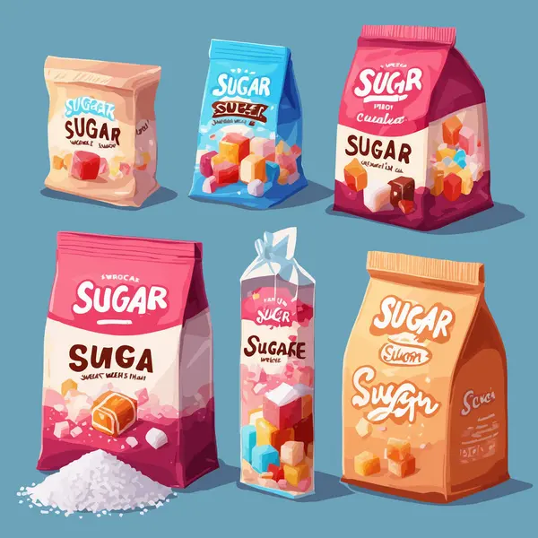 Açúcar Cubo Granulado Cristalino Açúcar Sacos Lona Caixa Fundo Branco — Vetor de Stock