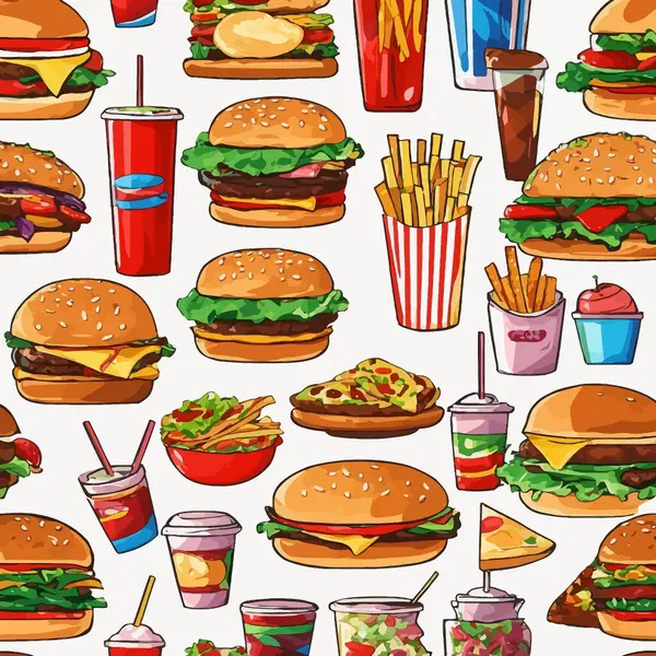 Fast Food Hamburger Obiad Restauracja Smaczny Zestaw Białym Tle Wektor — Wektor stockowy
