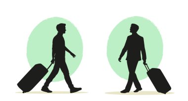 Beyaz arka planda izole edilmiş bavul silueti olan el çizimi insanlar. Vektör Resimleri Düz Biçimli