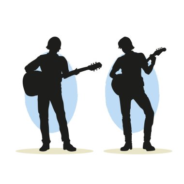 El yapımı gitarist silueti beyaz arka planda izole edildi. Vektör Resimleri Düz Biçimli