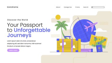 Düz Tasarım Seyahat Macera İniş Sayfası Beyaz Arkaplanda İzole Edildi. Vektör Resimleri Düz Biçimli