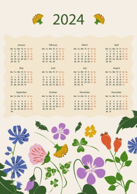 Düz Takvim 2024 Şablonu Beyaz Arkaplanda İzole Edildi. Vektör Resimleri Düz Biçimli