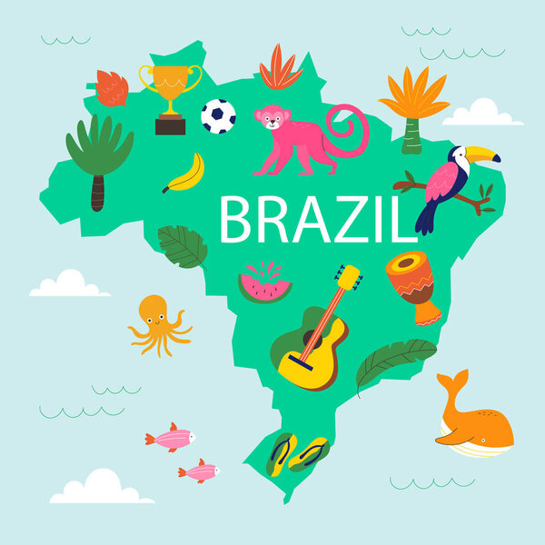 Flat Design Brazil Map Isolated On White Background. Vector Illustration In Flat Style