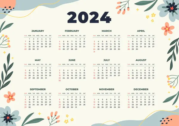 Düz Takvim 2024 Şablonu Beyaz Arkaplanda İzole Edildi. Vektör Resimleri Düz Biçimli