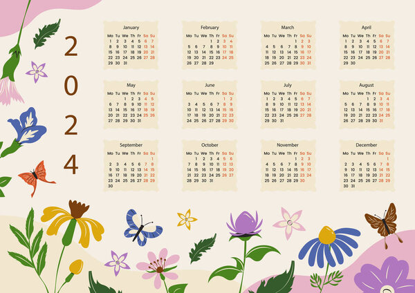 Flat Calendar 2024 Template Isolated On White Background. Vector Illustration In Flat Style