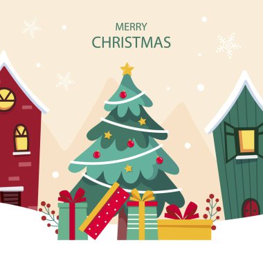 Beyaz arka planda izole edilmiş sunumlarla Noel ağacı. Vektör Resimleri Düz Biçimli